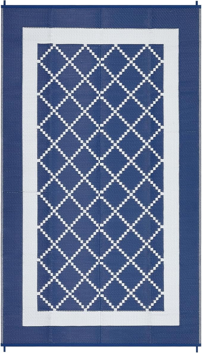 Outdoor Rug 9x18ft Waterproof Reversible Modern Diamond Plastic Straw Mat UV & Weather Resistant Easy Clean Camping Carpet for Patio Garden Deck Camper Beach Color: Navy