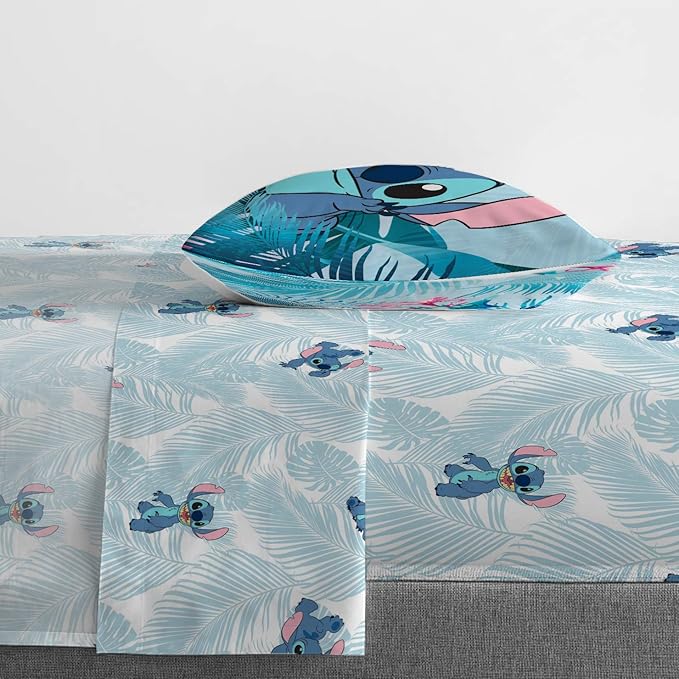 Jay Franco Kids Sheet Set with Fitted, Flat Sheets & Pillow Cover - Ultra-Soft Bedding with Pillowcase for Room Decor, Teal - Lilo & Stitch, 3 Piece Twin
