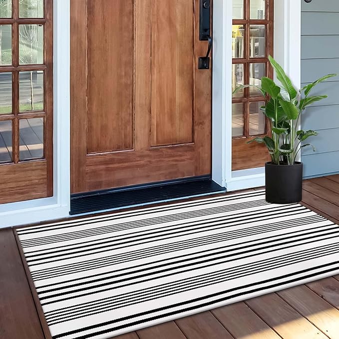OJIA Black and White Outdoor Rug 24"x51" Front Door Mat Fall Porch Decor | Machine Washable Outdoor Doormat Woven Front Porch Rug Indoor Door Mat Entryway Striped Rugs for Farmhouse/Kitchen/Entrance
