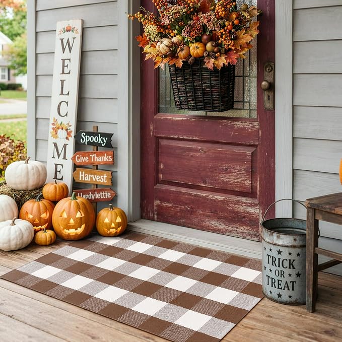 Uphome Bufflo Plaid Outdoor Rug 27.5"x43", Fall Decor Checkered Front Door Mat, Indoor Outdoor Farmhouse Cotton Porch Rug for Layered Door Mats, Washable Brown Area Rugs for Patio Entryway