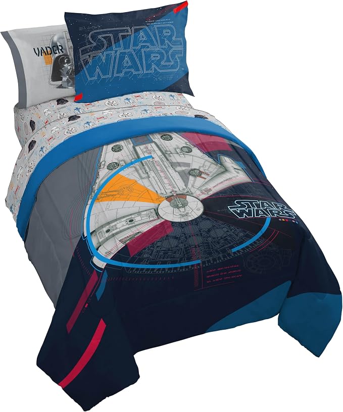 Star Wars Twin Comforter Set 5 Piece Soft Bedding for Boys, Dark Blue | Bed in a Bag, Comforter Sheets Sham Pillowcase, Official Product, Soft Microfiber, Machine Washable, Easy Care, Boys Gift
