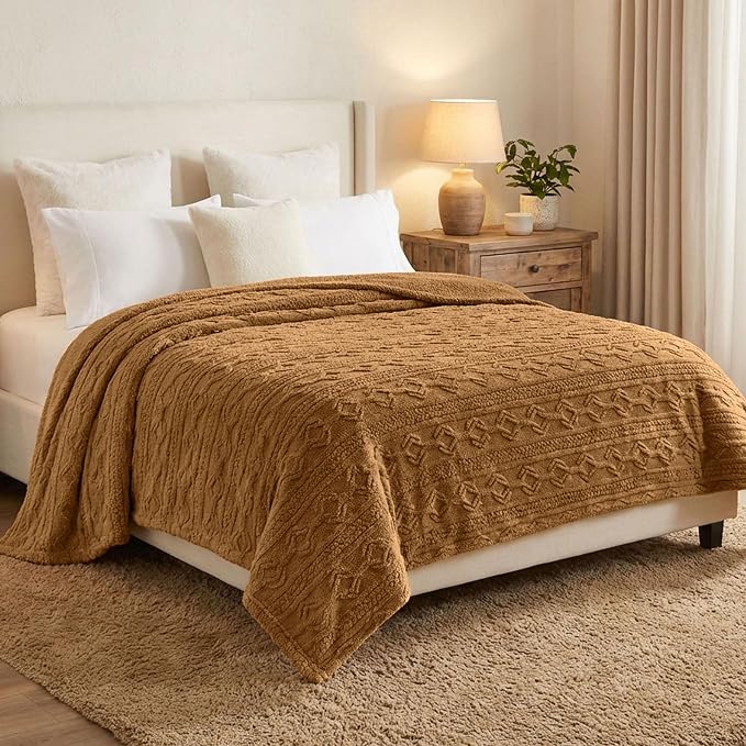 SUPERIOR Fleece Boho Jacquard Blanket, Decorative Blankets for Bedroom, Sofa, Fuzzy, Plush, Fluffy, Soft, Cute Room Decor, Beautiful Cover, Comfort Essentials, Arctic Collection, Full/Queen, Camel