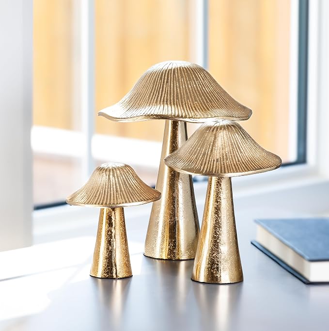 Abbott Collection Small Ribbed Mushroom | Burnished Gold Finish, Handcrafted in India, Aluminum, Gold, 4"H