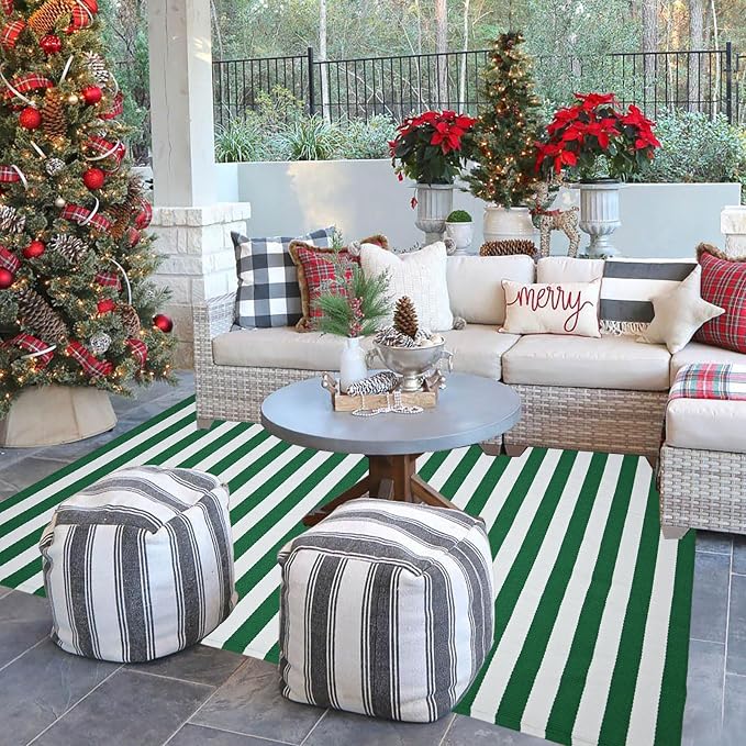 Green & White Striped Rug, 4' x 6' Indoor/Outdoor Area Rug for Front Porch, Entryway, Machine Washable Cotton Woven Welcome Door Mat