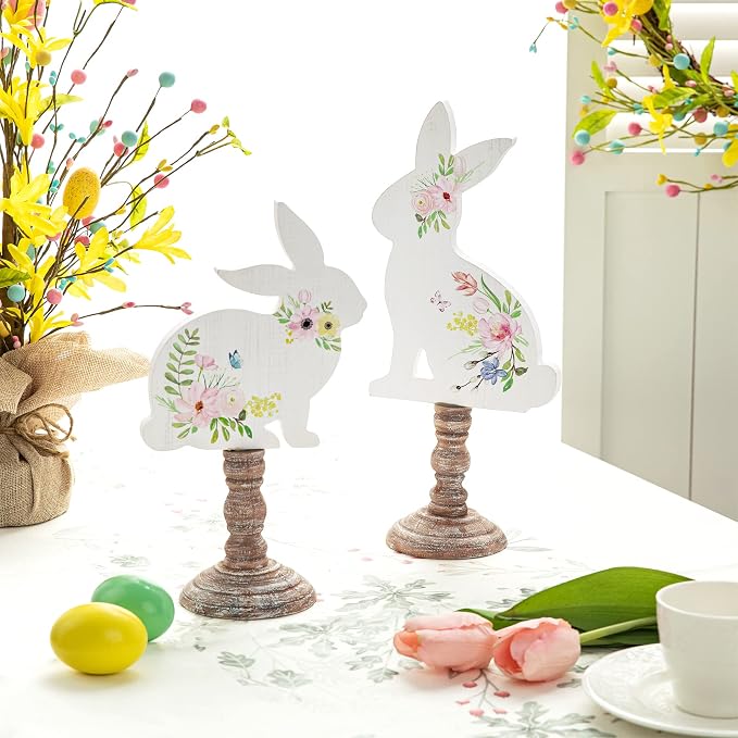 Glitzhome Set of 2 Hand Painted Easter Signs Wooden Bunny Table Decor, Multi-Color