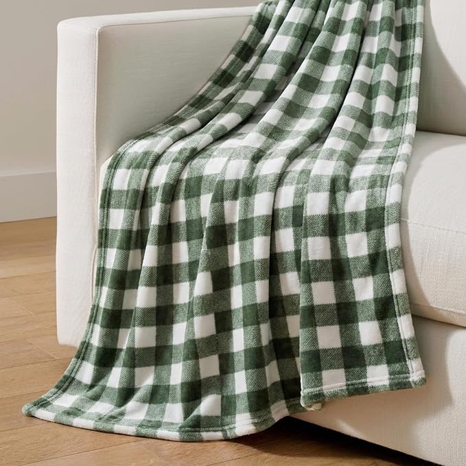 Martha Stewart - Blanket, Incredibly Soft Throw Blanket for Couch or Bed, Printed Plush & Oversized Bedding (Madison Gingham Green, 60" x 70")