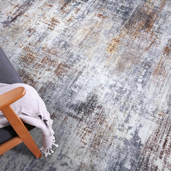 IOHOUZE Abstract Runner Rug 2x12 Ft Washable Runners for Hallways, Non Slip Kitchen Runner Printed Faux Wool Entryway Runner Indoor, Modern Abstract Floor Carpet for Hall Kitchen, Orange Grey