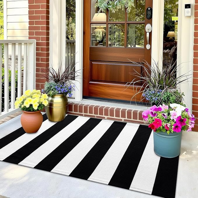 OLANLY Black and White Striped Rug 2' x 4'3" (24" x 51") – Washable Cotton Indoor Outdoor Doormat for Front Door, Entryway, Kitchen, Porch, Patio Decor