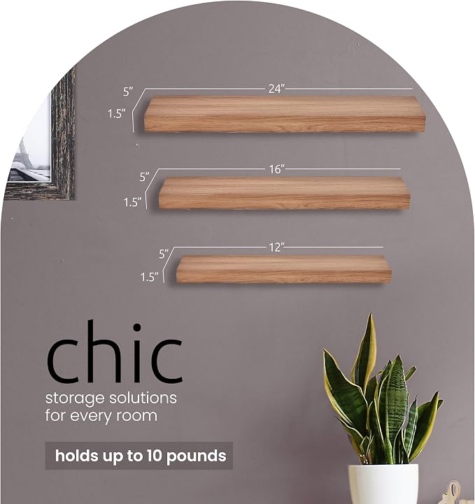 Kiera Grace Stockholm Maine Floating Shelves for Wall, MDF Display Shelves, Easy to Assemble, Ideal for Home Decor, 12"/16"/24" W x 5" D x 1.5" H, Golden Oak, Pack of 3