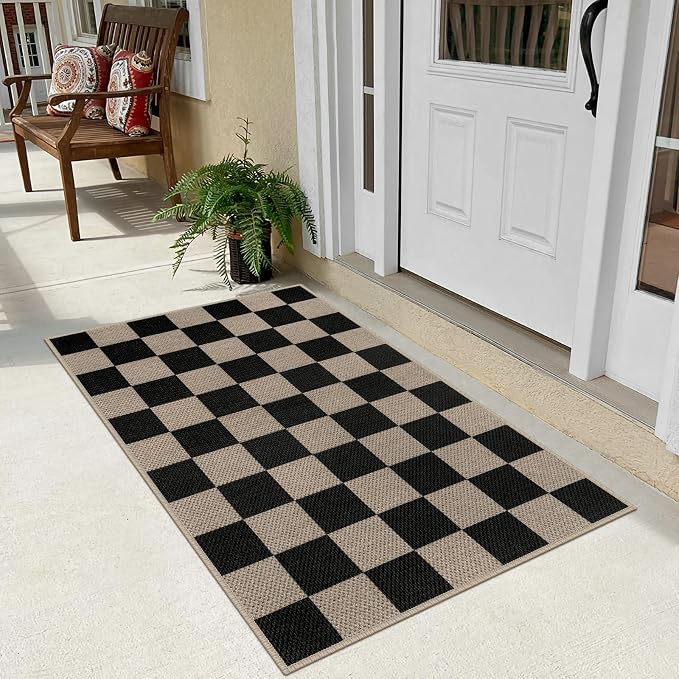 Rugalia Easy Jute Checkered Entryway Rug, 2.6x4 Black Modern Indoor Outdoor Doormat, Washable Non-Slip Neutral Kitchen Rug Farmhouse Checkerboard Throw Rugs for Entrance Bedroom Bathroom