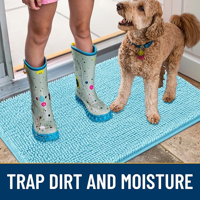 Smiry Dog Door Mat for Muddy Paws 54x32, Absorbent Dirt Trapper, Non-Slip Washable Chenille Entryway Rug for Inside Floor, Sky Blue, Classic Solid