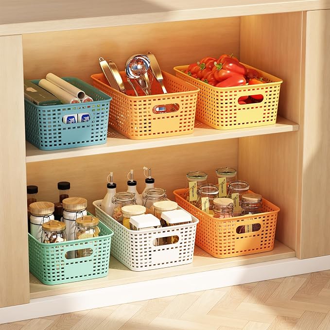 ORGIDOL Colorful Plastic Storage Baskets Bins for Home Organizing, 10 Pack | Space-Saving Storage Container with Handles, Multi-Purpose Storage Box, for Cabinet, Shelve, Countertop, Closet, Classroom