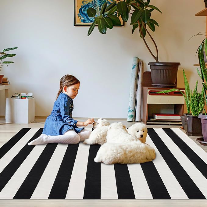 Black and White Striped Rug 4x6 Cotton Woven Farmhouse Indoor Outdoor Area Rug Washable Front Porch Decor Carpet for Living Room Bedroom Dining Room Patio