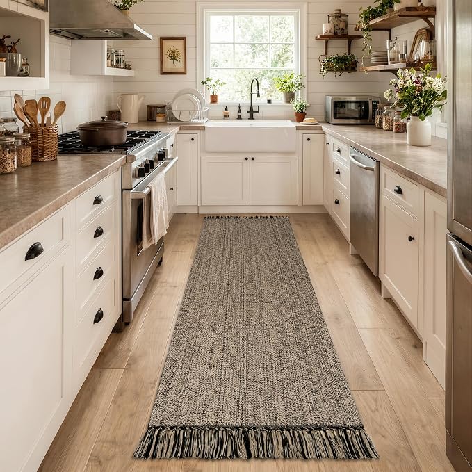 Collive Rug Runners for Hallways, Boho Washable Kitchen Runner Rugs 2.6' x 10' Farmhouse Indoor Entry Hall Carpet, Natural/Black Modern Hand Woven Bathroom Runner Carpet for Entrance Porch Decor
