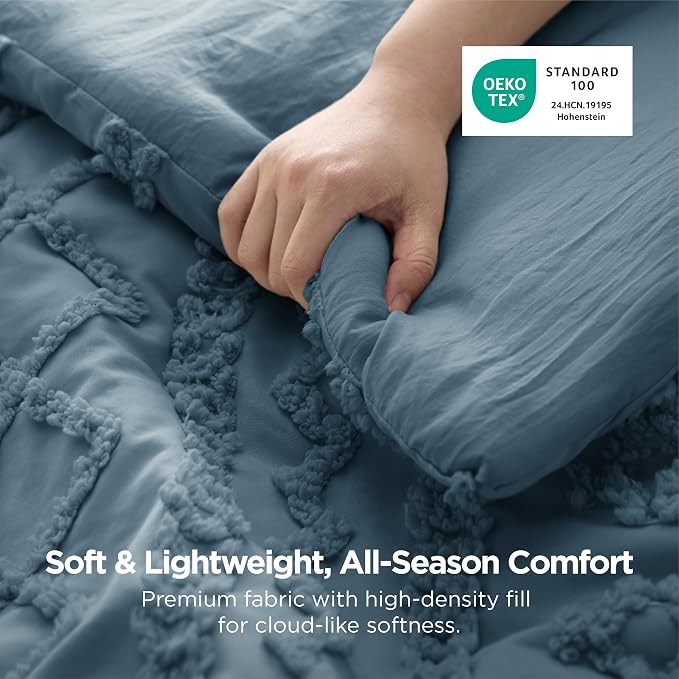 Bedsure Tufted Boho Comforter Set Oversized Queen - Dusty Blue Boho Bed Set, GentleSoft™ 3 Pieces Farmhouse-Style Embroidery Bedding, Gifts for Woman, Soft Jacquard Kids' Comforter for All Seasons