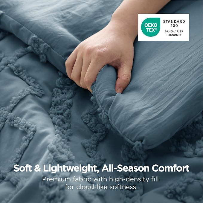 Bedsure Tufted Boho Comforter Set Oversized King - Dusty Blue Boho Bed Set, GentleSoft™ 3 Pieces Farmhouse-Style Embroidery Bedding, Gifts for Woman, Soft Jacquard Kids' Comforter for All Seasons