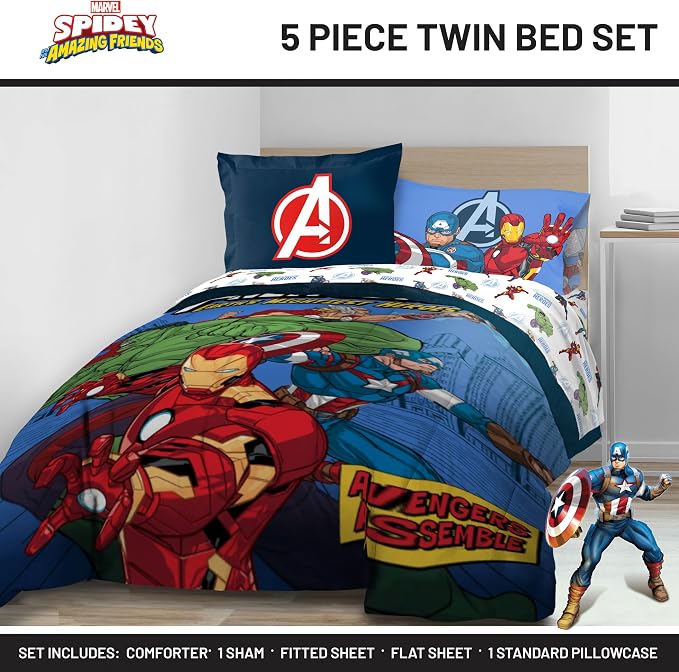 Jay Franco Kids Bed Set, Blue, Avengers, 5 Piece Twin | Cozy Soft Bedding for Stylish Room Décor with Comforter, Sheets & Pillow Covers