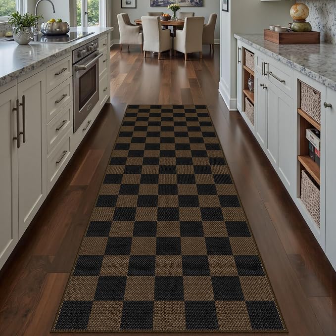 Rugalia Easy Jute Checkered Runner Rug, 2x6 Coffee Modern Washable Rugs Runner for Hallway Non-Slip Kitchen Runner Rug, Farmhouse Checkerboard Indoor Outdoor Carpet for Porch Laundry Entryway