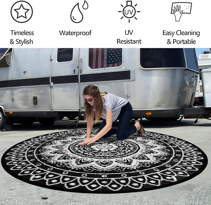 Round Outdoor Rugs for Patios, 8Ft Waterproof Reversible Plastic Straw Mat with Carry Bags, Boho Lightweight Outdoor Carpet Portable Round Floor Mat for Patio Camping Picnic Backyard RV,Black & White