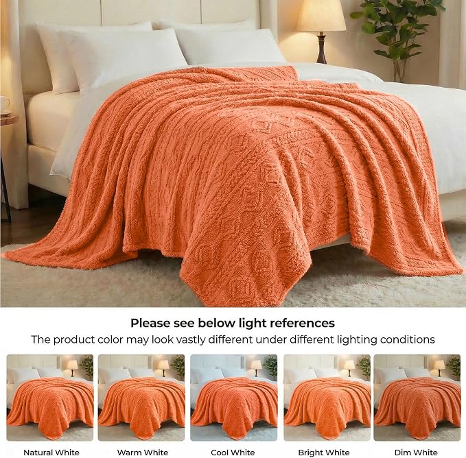 SUPERIOR Fleece Boho Jacquard Blanket, Decorative Blankets for Bedroom, Sofa, Fuzzy, Plush, Fluffy, Soft, Cute Room Decor, Beautiful Cover, Comfort Essentials, Arctic Collection, Throw, Dusty Orange