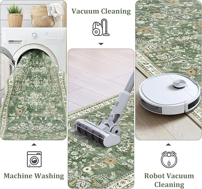 Yamaziot Washable Runner Rug 2x7 – Non Slip Boho Floral Hallway Runner Rug with Rubber Backing, Low Pile Wool Distressed Carpet for Kitchen, Laundry, Bedroom, Entrance, Mottled Green