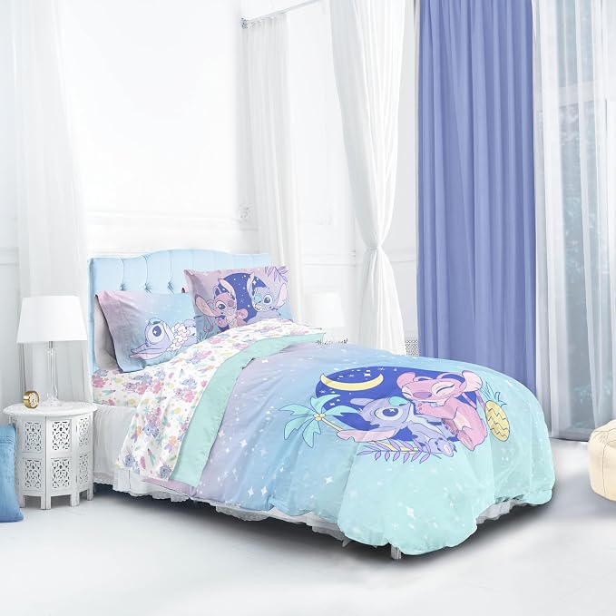 Disney Lilo and Stitch Full Comforter Set 7 Piece Kids Bedding, Multi | Bed in a Bag, Comforter Sheets Shams Pillowcases, Official Brand, Soft Microfiber, Machine Washable, Girls Gift