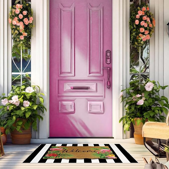 Fourluoo 2 Piece Summer Door Mat Combo Set 100% Coco Coir Tropical Flamingo Welcome Mat and 28 x 40 Inch Black White Striped Rug Layering Front Door Rug for Entrance Front Porch Outdoor Decor Gifts