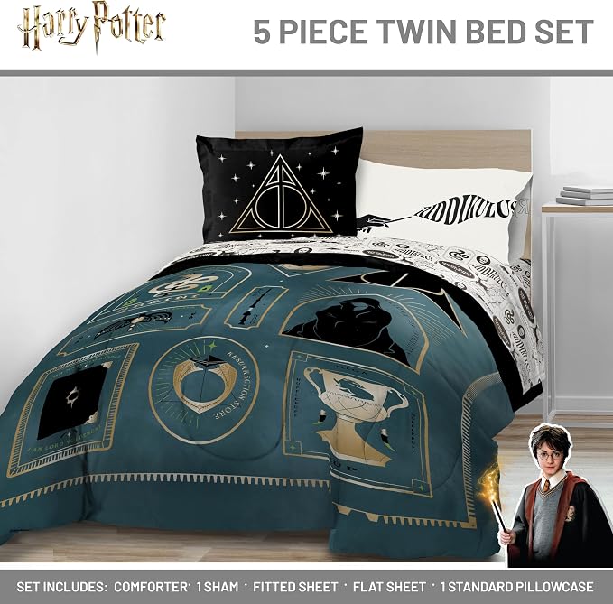 Harry Potter Twin Comforter Set 5 Piece Soft Fantasy Bedding, Blue | Deathly Hallows, Bed in a Bag, Comforter Sheets Sham Pillowcase, Official Product, Soft Microfiber, Machine Washable, Gift