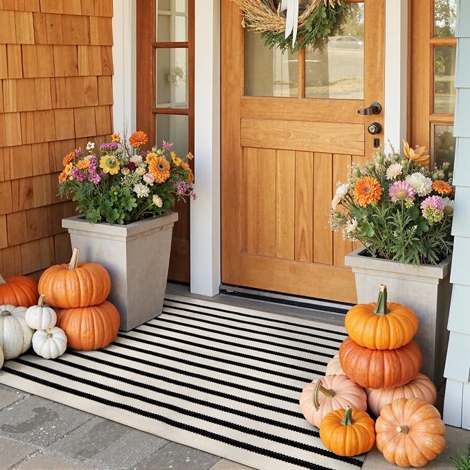 Collive Black and White Outdoor Rug Door Mat 24"x 51", Cotton Woven Striped Front Doormat, Washable Front Porch Outdoor Decor for Farmhouse Front Door Layered Kitchen Porch