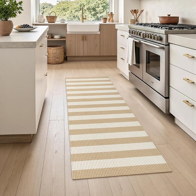 Rugalia Washable Woven Indoor Outdoor Runner Rug, 2x5 Natural Beige Striped Cotton Rug Runners for Hallway Non-Slip Entryway Runner Rugs, Modern Neutral Throw Carpet for Kitchen Porch Patio