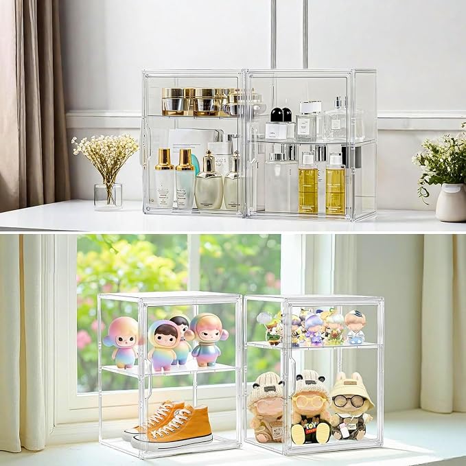 Attelite Acrylic Display Case for Collectibles Adjustable 3-Tiers，2Pack | Clear Display for Figures,3 Tier Clear Storage Bin, Stackable Acrylic Box,Easy Assembly,Magnetic Door,Dustproof
