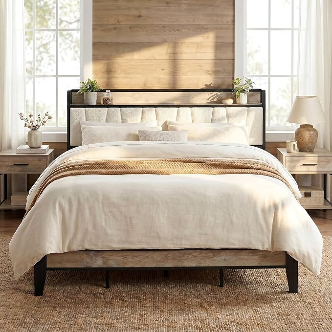 LIKIMIO King Size Bed Frames, Bouclé Storage Headboard with Charging Station, Solid and Stable, Noise Free, No Box Spring Needed, Easy Assembly