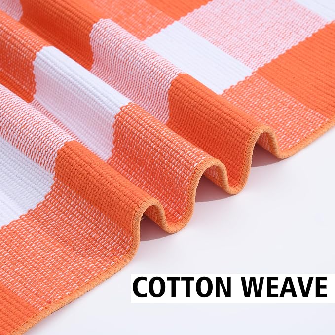 Fall Plaid Area Rug 3x5 Ft, Orange and White Buffalo Check Large Farmhouse Cotton Rug, Hand-Woven Washable Indoor Outdoor Carpet for Halloween Thanksgiving Autumn Porch Patio Decor