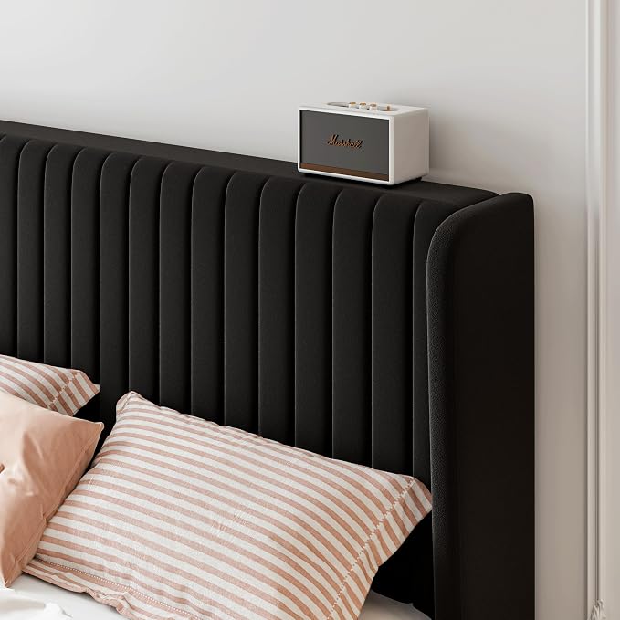 SHA CERLIN Queen Size Velvet Bed Frame, Tufted Wingback Headboard, Black | 47'' Modern Vertical Channel Headboard, Upholstered Platform Bed, Wood Slats, No Box Spring Needed, Easy Assembly, Noise Free