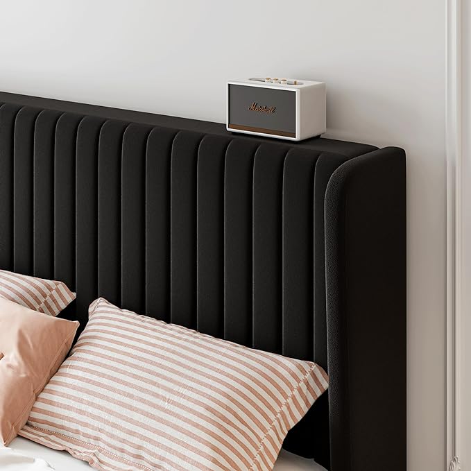 SHA CERLIN Full Size Velvet Bed Frame, Tufted Wingback Headboard, Black | 47'' Modern Vertical Channel Headboard, Upholstered Platform Bed, Wood Slats, No Box Spring Needed, Easy Assembly, Noise Free
