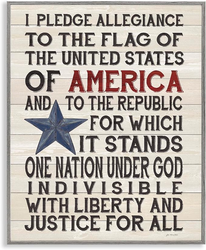 Stupell Industries Pledge of Allegiance Stars and Stripes Americana Rustic Wood Look Sign, Design by Jo Moulton, Grey Framed, 11x14