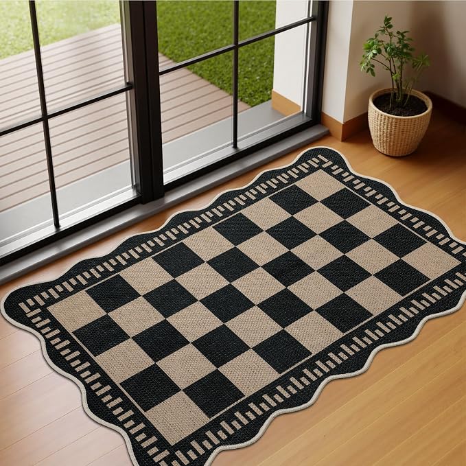 EDIMENS 2x3 Front Door Mat Easy Jute Scalloped Doormat Small Entryway Rug | Checkered Non-Slip Washable Area Rug Low Pile Black Indoor Outdoor Farmhouse for Entrance Entry Front Porch Doorway