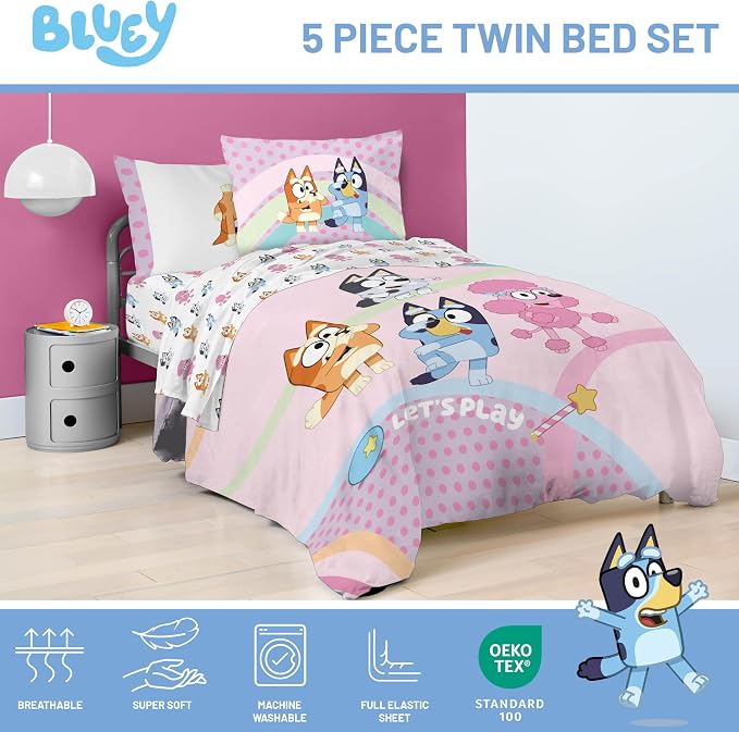 Jay Franco Bluey & Bingo Kids Comforter Set - 5 Piece Twin Bed in a Bag, Soft Microfiber Bedding with Sheets and Sham, Machine Washable, Officially Licensed, Pink
