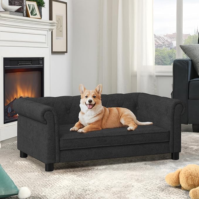 38.9" Upholstery Elevated Dog Sofa with Button‑Tufted Backrest & Rolled Armrests, Pet Couch Bed with Removable Soft Cushion, Comfy Modern Deep Seat Raised Dog Bed for Living Room, Bedroom, Black