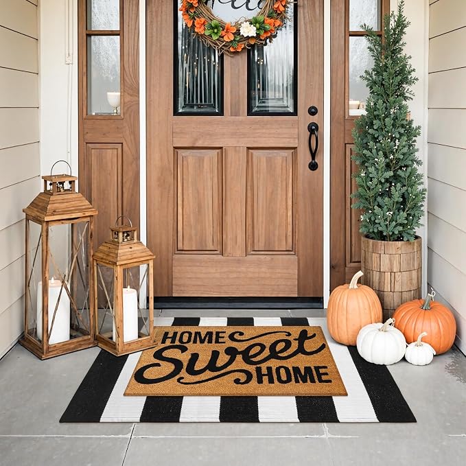 Collive Black and White Striped Outdoor Rug 24"x 35", Washable Front Door Mat, Cotton Woven Farmhouse Fall Front Porch Rug Decor, Layered Door Mats Outdoor for Entryway Kitchen
