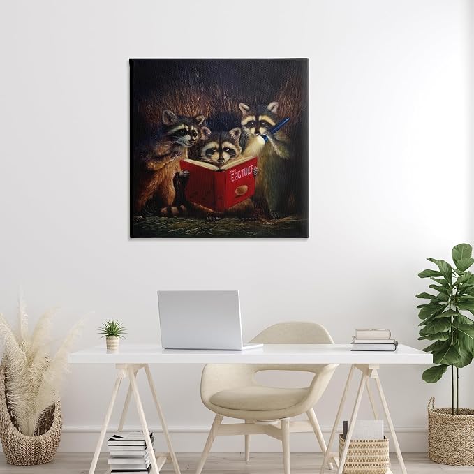 Fun Raccoon Trio Reading Book, 36 x 36 Inch Canvas Wall Art | Stupell Industries · By Lucia Heffernan · Ready to hang · Whimsical gift for animal lovers · Made in USA