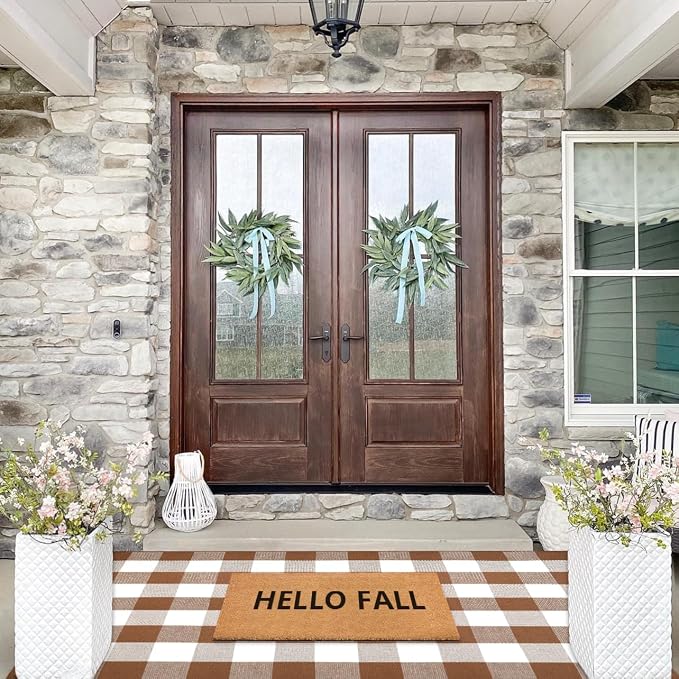 Ckorzen Coffee and White Plaid Rug, 3' x 5' Outdoor Front Porch Door Decor Mat, Washable Cotton Woven Farmhouse Area Rug for Layered Door Mats Carpet, Entryway, Easter Décor