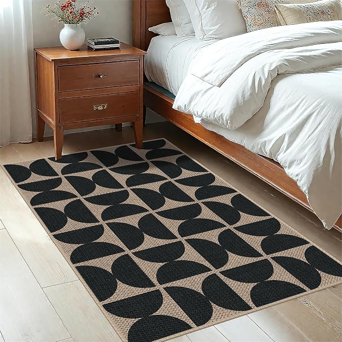Easy Jute 3x5 Black Semicircle Area Rug,Washable Entryway Rug,Modern Door Carpet,Neutral Non-Slip Outdoor Indoor Farmhouse Rug for Living Room Kitchen Patio Bedroom