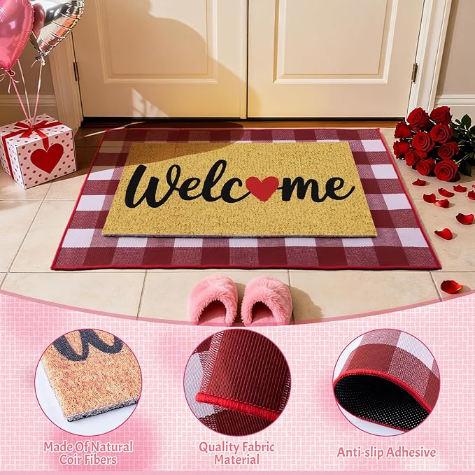2 Pcs Valentines Day Welcome Doormat, Heart Welcome Door Mat Valentines Day Non Slip Coir Plaid Mat Layering Doormats Seasonal for Home Bathroom Front Porch Entryway Decor 24"x 32"