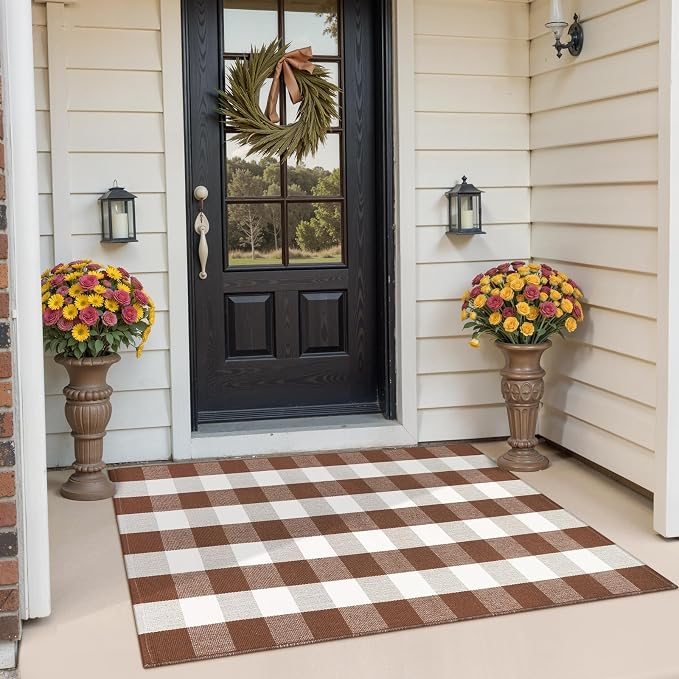 Buffalo Plaid Checkered Rug Fall Washable Outdoor Rug 3'x5' Front Door Mat | Small Porch Rug Carpet Cotton Door Mat Outside Entrance Autumn Layered Doormats for Patio Farmhouse Entryway Kitchen Foyer