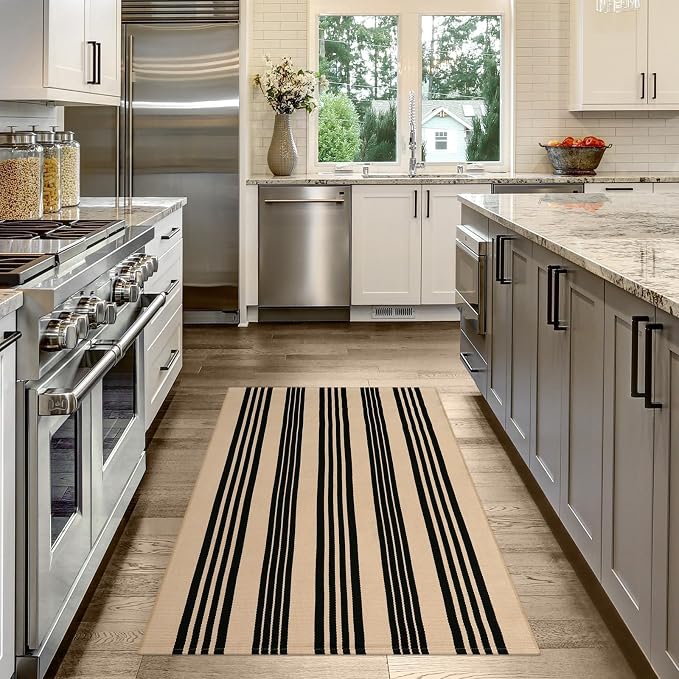 OJIA Outdoor Rug 3'x5', Black Tan Patio Rug Front Door Mat Outside Entrance | Machine Washable Area Rug Cotton Woven Entryway Rug Indoor Striped Carpet for Porch/Deck/Backyard/Camping/Outdoor Decor