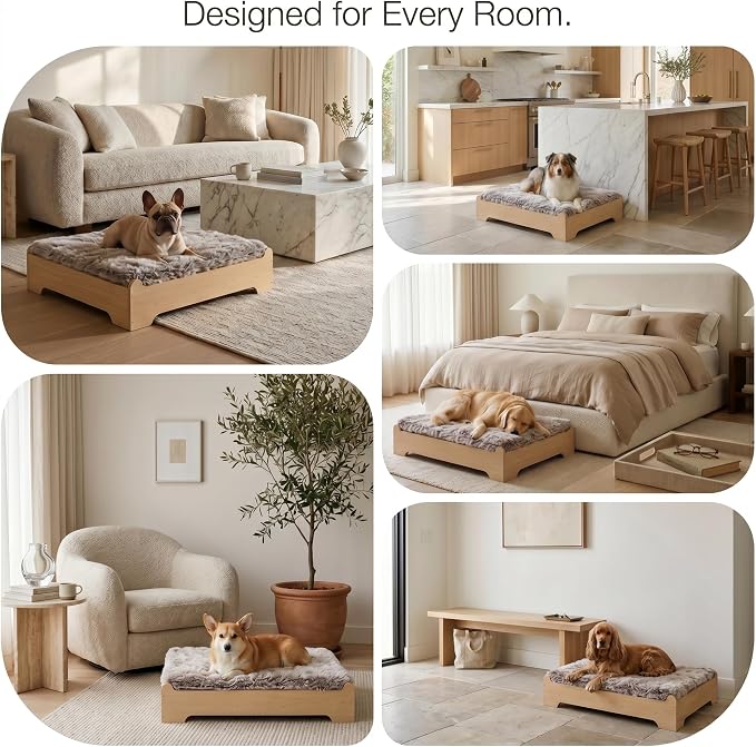 Elevated Wooden Dog Bed with Foam Mattress, Natural Wood, Medium | Raised Dog Bed with Washable Cover and Supportive Foam Mattress, Crafted for Medium Dogs and Modern Homes
