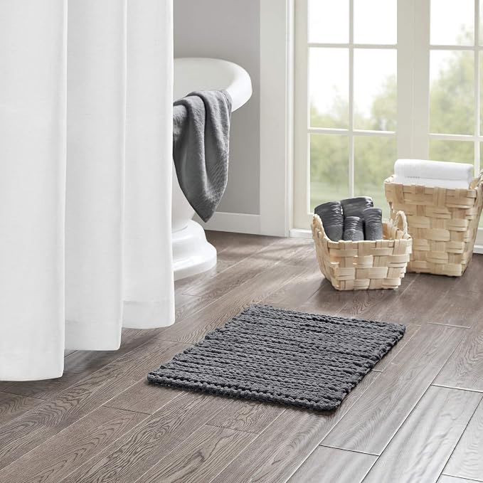Madison Park Lasso Cotton Bath Rug Non-Slip Absorbent, 17 x 24, Charcoal | Quick Dry, Soft Pile, Machine Washable, OEKO-TEX Certified