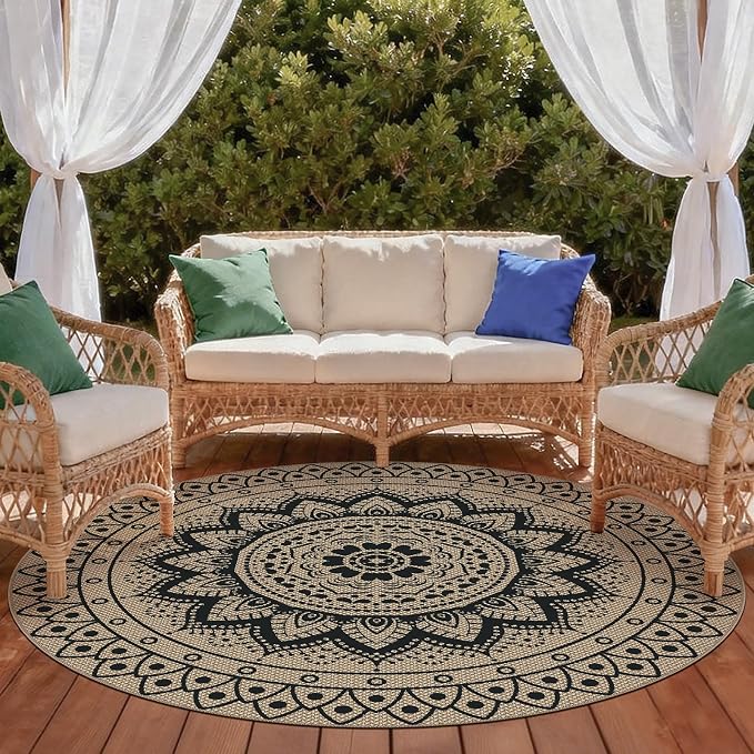 Faux Jute Outdoor Round Rug, 6ft Washable Indoor Outdoor Patio Rug, Black Non Slip Round Area Rug Farmhouse, Boho Carpet for Backyard Patio