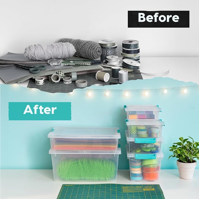 IRIS USA Storage Bins with Lids |Made in USA| 2 Qt - (6-Pack) - Clear | Sensory Craft Organizers, Plastic Clip Box Totes, Flat Containers for Organizing Paper, Office, Art & Study Supplies